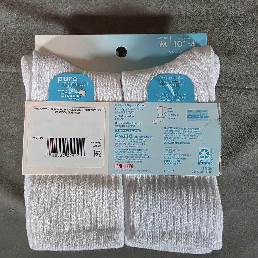 Hanes Premium Pure Comfort Girls Crew Socks 5 Pair White Organic Cotton Size M